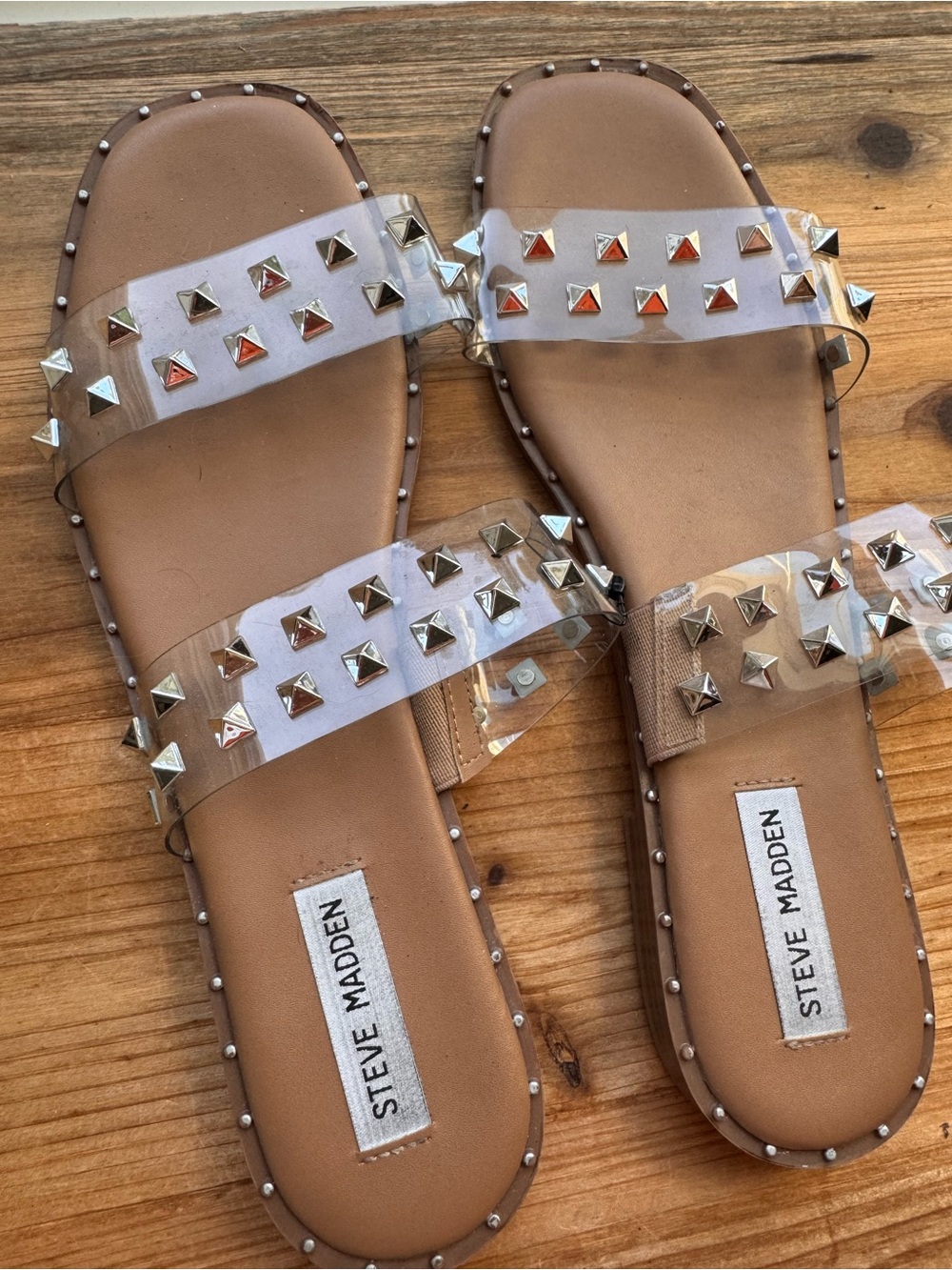 Steve Madden Size 10 Clear Studded Slide Sandals Pyramid Stud Slip On